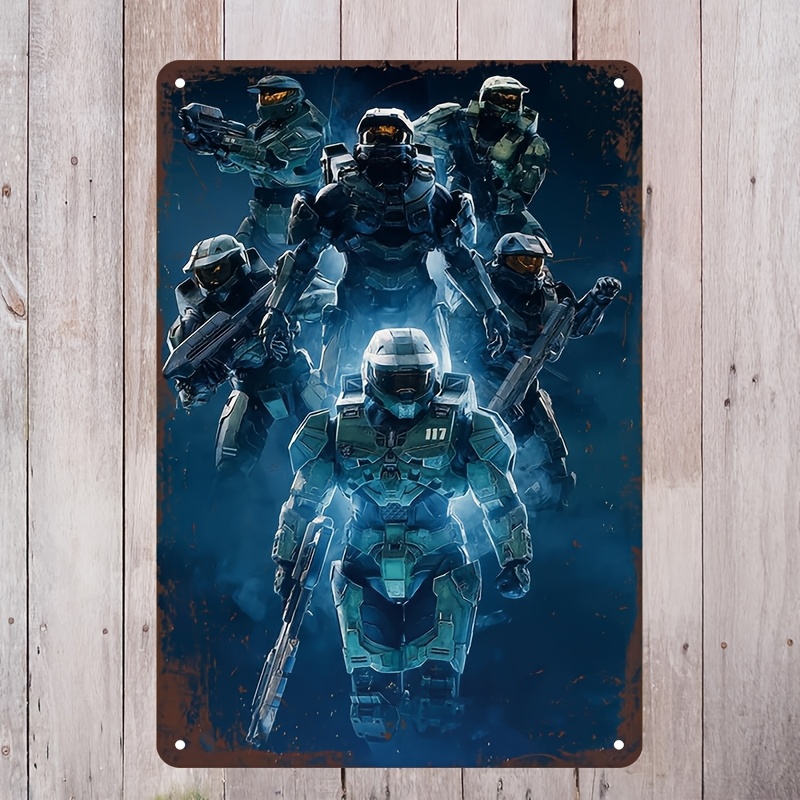 Home Office Inspiration - Halo-geïnspireerd metalen wandkunstbord, levendig Master Chief
