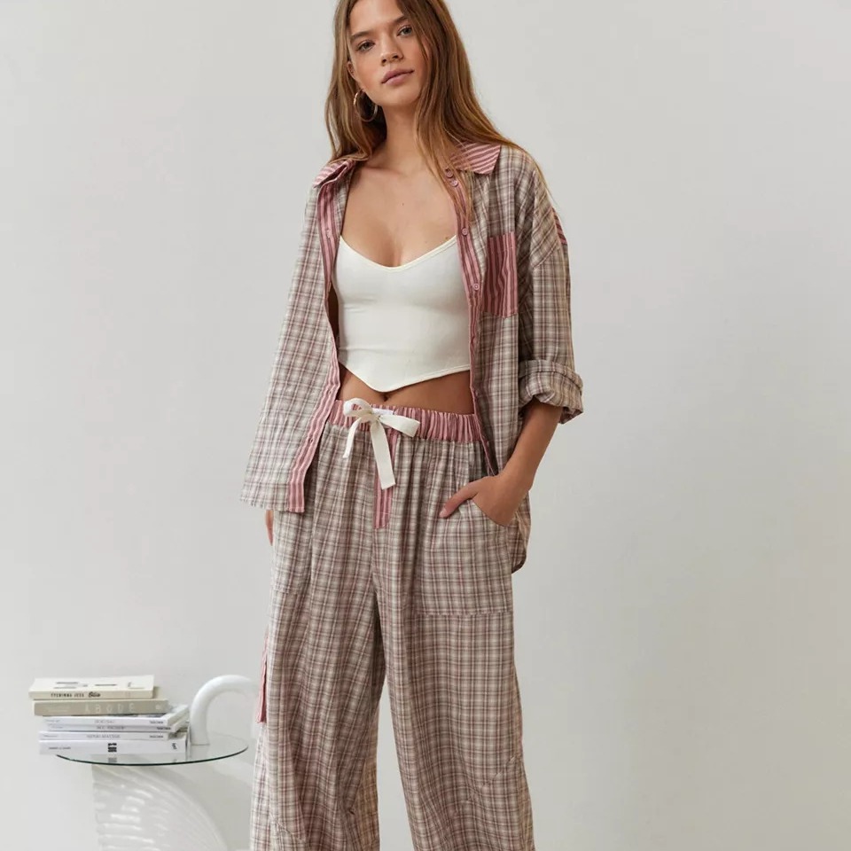 Home Office 2024 - Streep Plaid Patchwork Blouse Vrouwen En